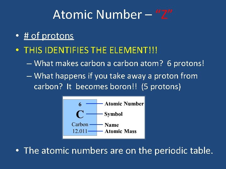 Atomic Number – “Z” • # of protons • THIS IDENTIFIES THE ELEMENT!!! –