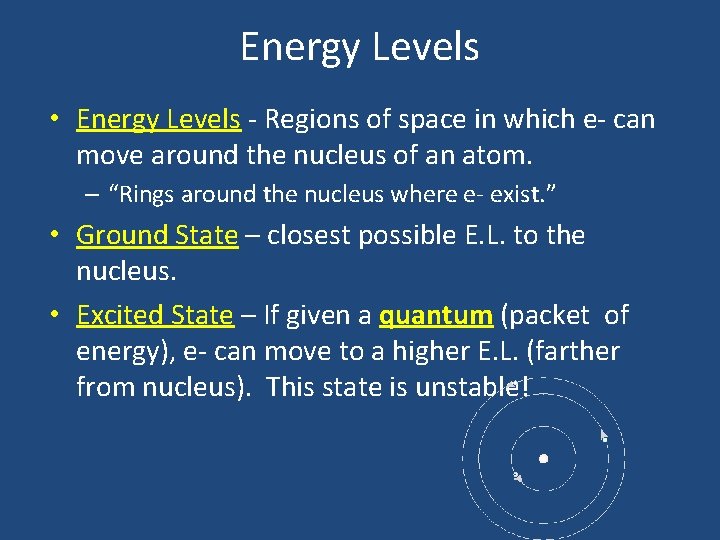 Energy Levels • Energy Levels - Regions of space in which e- can move