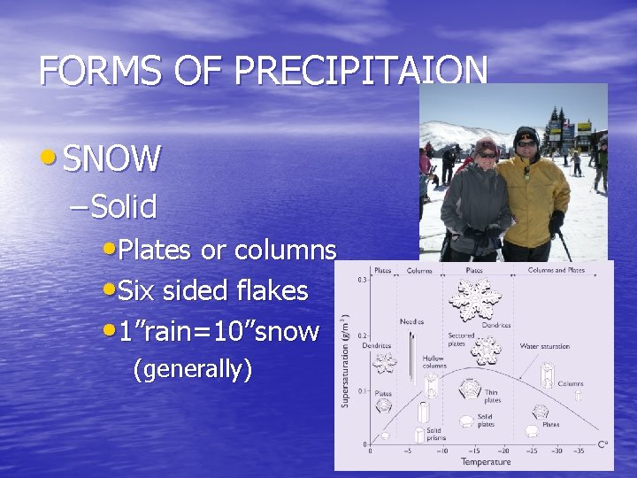 FORMS OF PRECIPITAION • SNOW – Solid • Plates or columns • Six sided