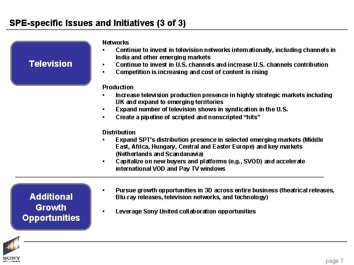 SPE-specific Issues and Initiatives (3 of 3) Television Networks • Continue to invest in