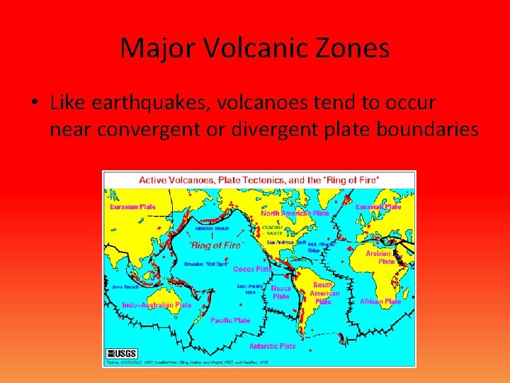 Major Volcanic Zones • Like earthquakes, volcanoes tend to occur near convergent or divergent