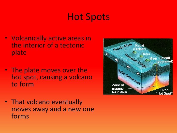 Hot Spots • Volcanically active areas in the interior of a tectonic plate •