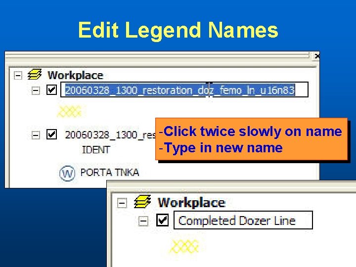 Edit Legend Names -Click twice slowly on name -Type in new name 