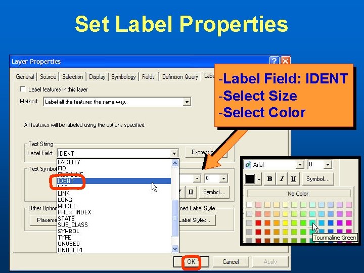 Set Label Properties -Label Field: IDENT -Select Size -Select Color 
