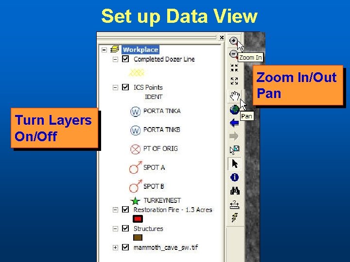 Set up Data View Zoom In/Out Pan Turn Layers On/Off 