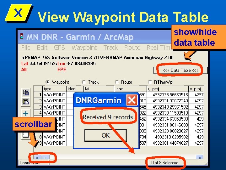 X View Waypoint Data Table show/hide data table scrollbar 