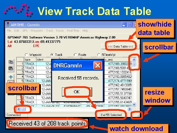 View Track Data Table show/hide data table scrollbar resize window watch download 