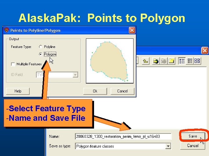 Alaska. Pak: Points to Polygon -Select Feature Type -Name and Save File 