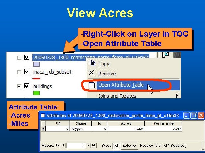 View Acres -Right-Click on Layer in TOC -Open Attribute Table: -Acres -Miles 