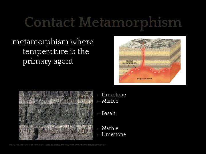 Contact Metamorphism metamorphism where temperature is the primary agent ←Limestone ←Marble ←Basalt ←Marble ←Limestone