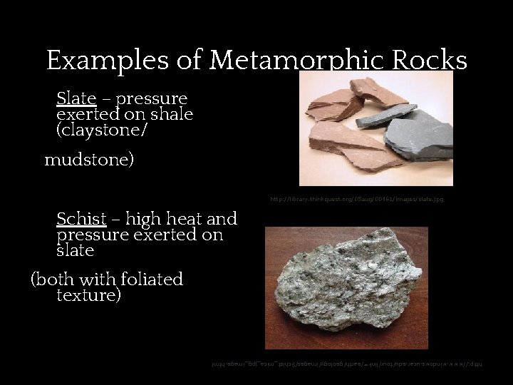 Examples of Metamorphic Rocks ✱ Slate – pressure exerted on shale (claystone/ mudstone) http: