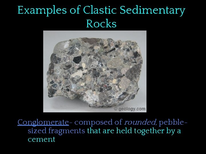 Examples of Clastic Sedimentary Rocks Conglomerate- composed of rounded, pebblesized fragments that are held