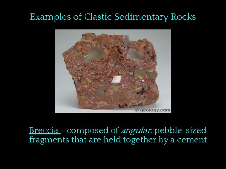 Examples of Clastic Sedimentary Rocks Breccia - composed of angular, pebble-sized fragments that are