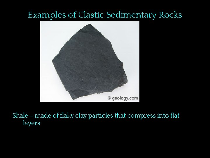 Examples of Clastic Sedimentary Rocks Shale – made of flaky clay particles that compress