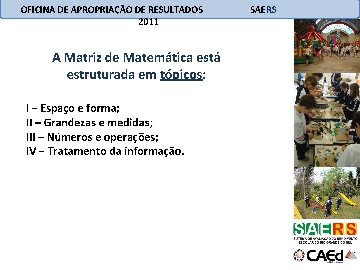 OFICINA DE APROPRIAÇÃO DE RESULTADOS 2011 A Matriz de Matemática está estruturada em tópicos:
