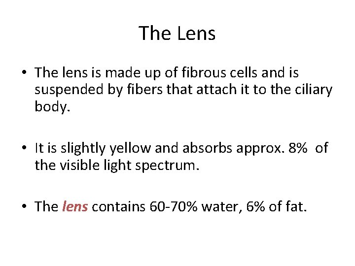 The Lens • The lens is made up of fibrous cells and is suspended