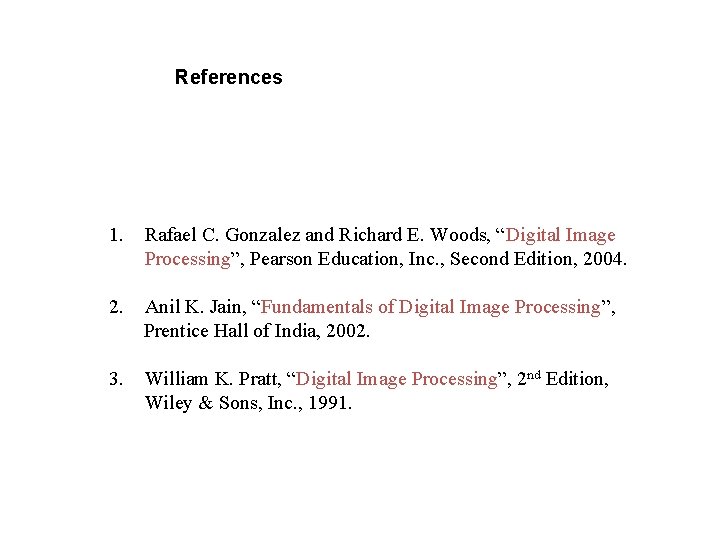 References 1. Rafael C. Gonzalez and Richard E. Woods, “Digital Image Processing”, Pearson Education,