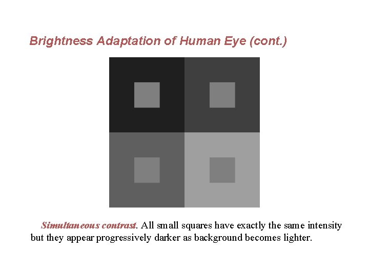 Brightness Adaptation of Human Eye (cont. ) Simultaneous contrast. All small squares have exactly