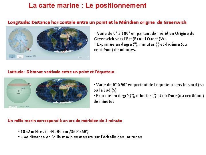 La carte marine : Le positionnement Longitude: Distance horizontale entre un point et le