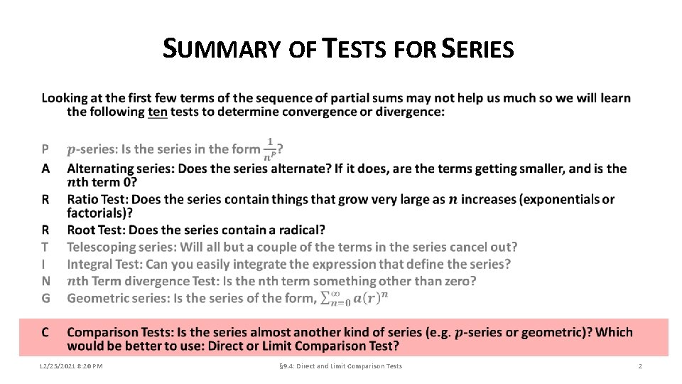 SUMMARY OF TESTS FOR SERIES 12/25/2021 8: 20 PM § 9. 4: Direct and