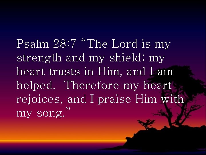 Psalm 28: 7 “The Lord is my strength and my shield; my heart trusts