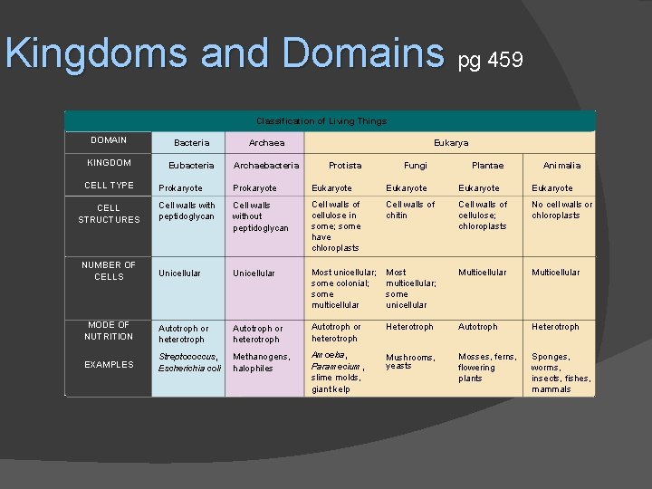 Kingdoms and Domains pg 459 Classification of Living Things DOMAIN Bacteria Archaea KINGDOM Eubacteria