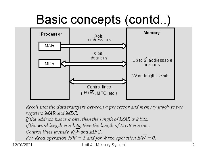 Basic concepts (contd. . ) Processor k-bit address bus Memory MAR n-bit data bus