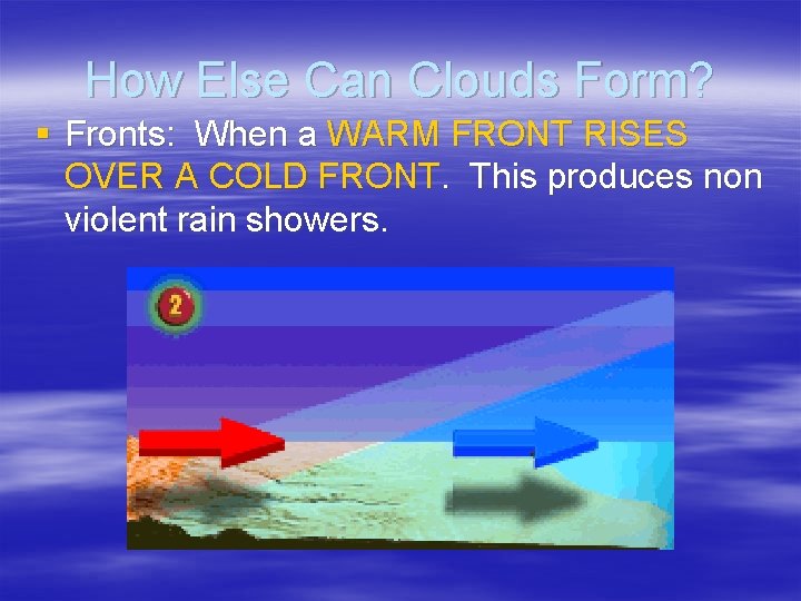 How Else Can Clouds Form? § Fronts: When a WARM FRONT RISES OVER A