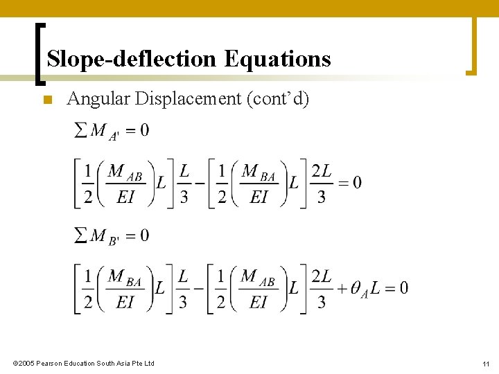 Slope-deflection Equations n Angular Displacement (cont’d) 2005 Pearson Education South Asia Pte Ltd 11 Slope-deflection Equations n Angular Displacement (cont’d) 2005 Pearson Education South Asia Pte Ltd 11