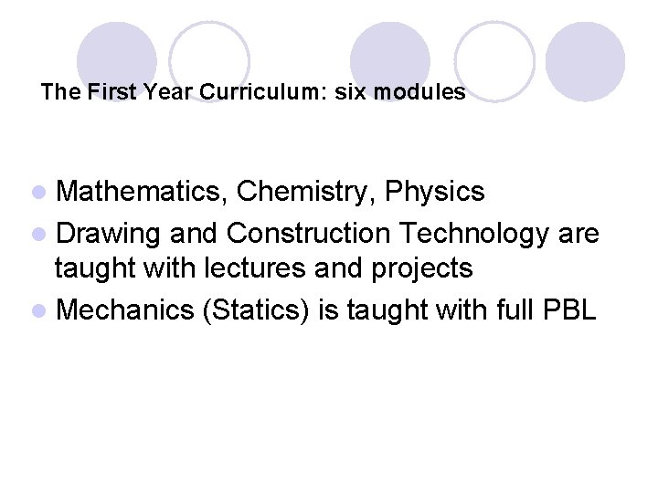 The First Year Curriculum: six modules l Mathematics, Chemistry, Physics l Drawing and Construction