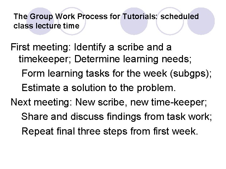The Group Work Process for Tutorials: scheduled class lecture time First meeting: Identify a