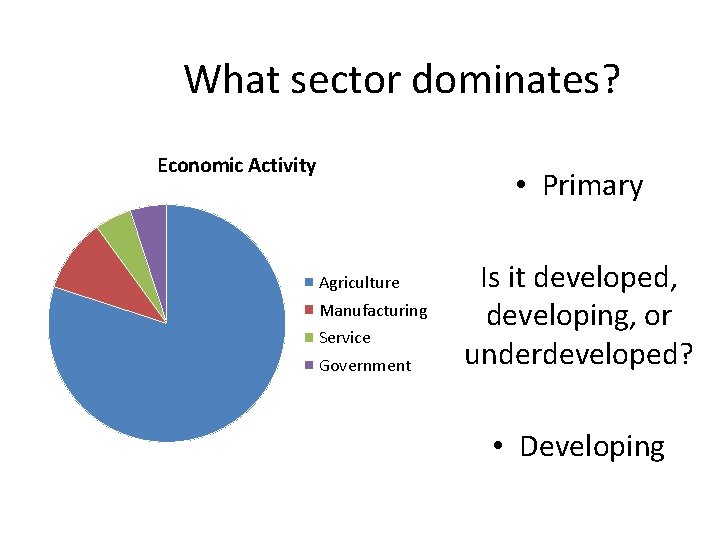What sector dominates? Economic Activity • Primary Agriculture Manufacturing Service Government Is it developed,
