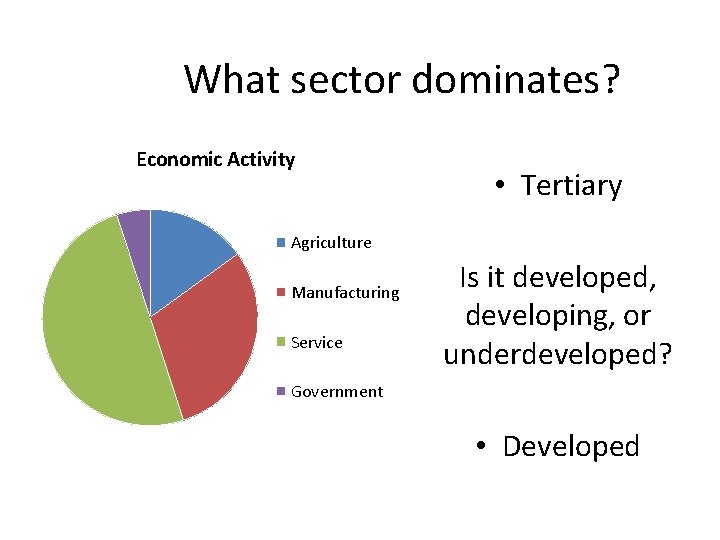 What sector dominates? Economic Activity • Tertiary Agriculture Manufacturing Service Is it developed, developing,