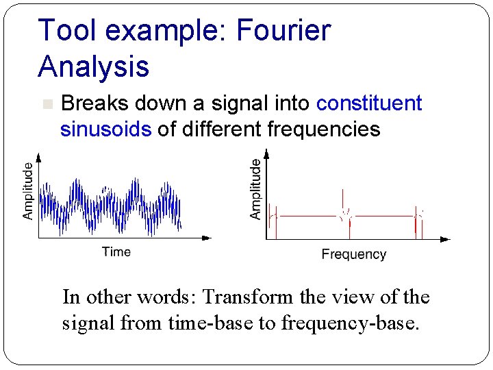 Tool example: Fourier Analysis n Breaks down a signal into constituent sinusoids of different Tool example: Fourier Analysis n Breaks down a signal into constituent sinusoids of different