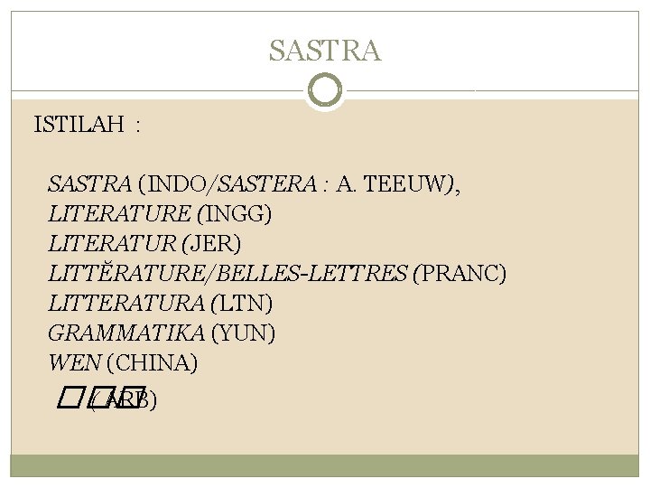 SASTRA ISTILAH : SASTRA (INDO/SASTERA : A. TEEUW), LITERATURE (INGG) LITERATUR (JER) LITTĔRATURE/BELLES-LETTRES (PRANC)