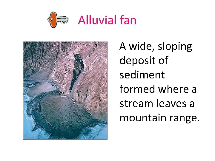 Alluvial fan A wide, sloping deposit of sediment formed where a stream leaves a