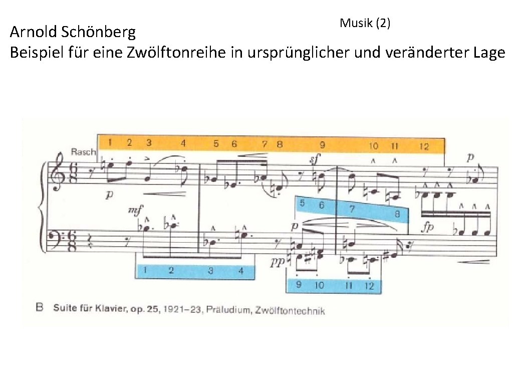 Musik (2) Arnold Schönberg Beispiel für eine Zwölftonreihe in ursprünglicher und veränderter Lage 