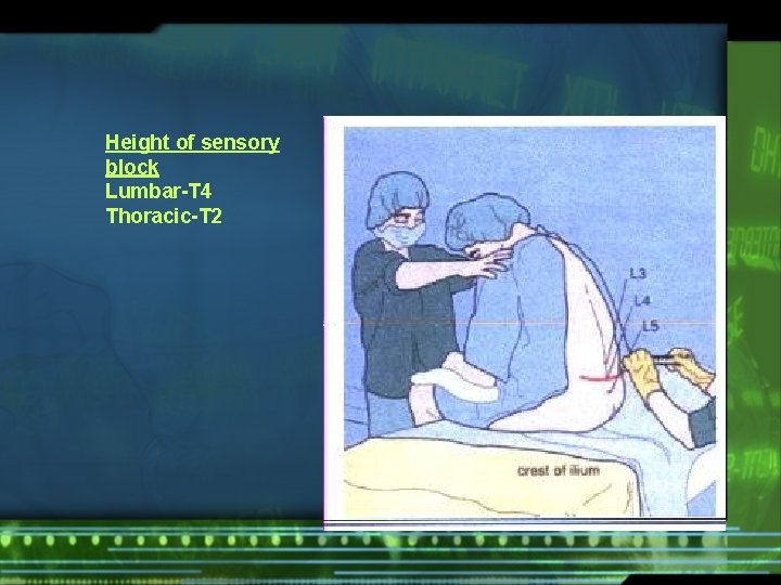 Height of sensory block Lumbar-T 4 Thoracic-T 2 