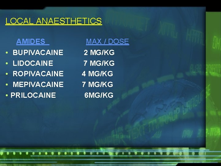 LOCAL ANAESTHETICS AMIDES • • • BUPIVACAINE LIDOCAINE ROPIVACAINE MEPIVACAINE PRILOCAINE MAX / DOSE