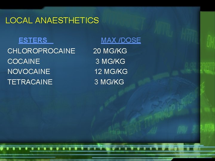 LOCAL ANAESTHETICS ESTERS CHLOROPROCAINE COCAINE NOVOCAINE TETRACAINE MAX /DOSE 20 MG/KG 3 MG/KG 12