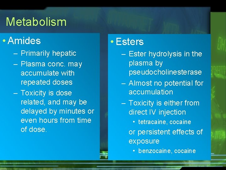 Metabolism • Amides – Primarily hepatic – Plasma conc. may accumulate with repeated doses