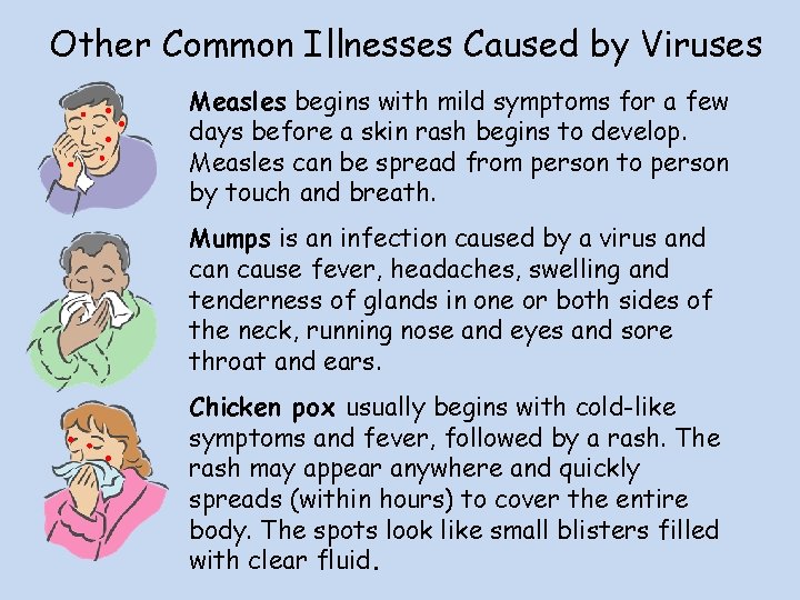 Other Common Illnesses Caused by Viruses Measles begins with mild symptoms for a few