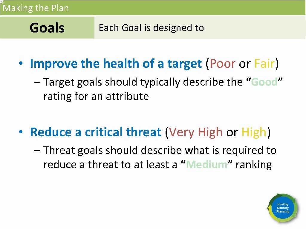 Making the Plan Goals Each Goal is designed to • Improve the health of