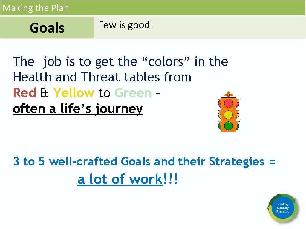 Making the Plan Goals Few is good! The job is to get the “colors”