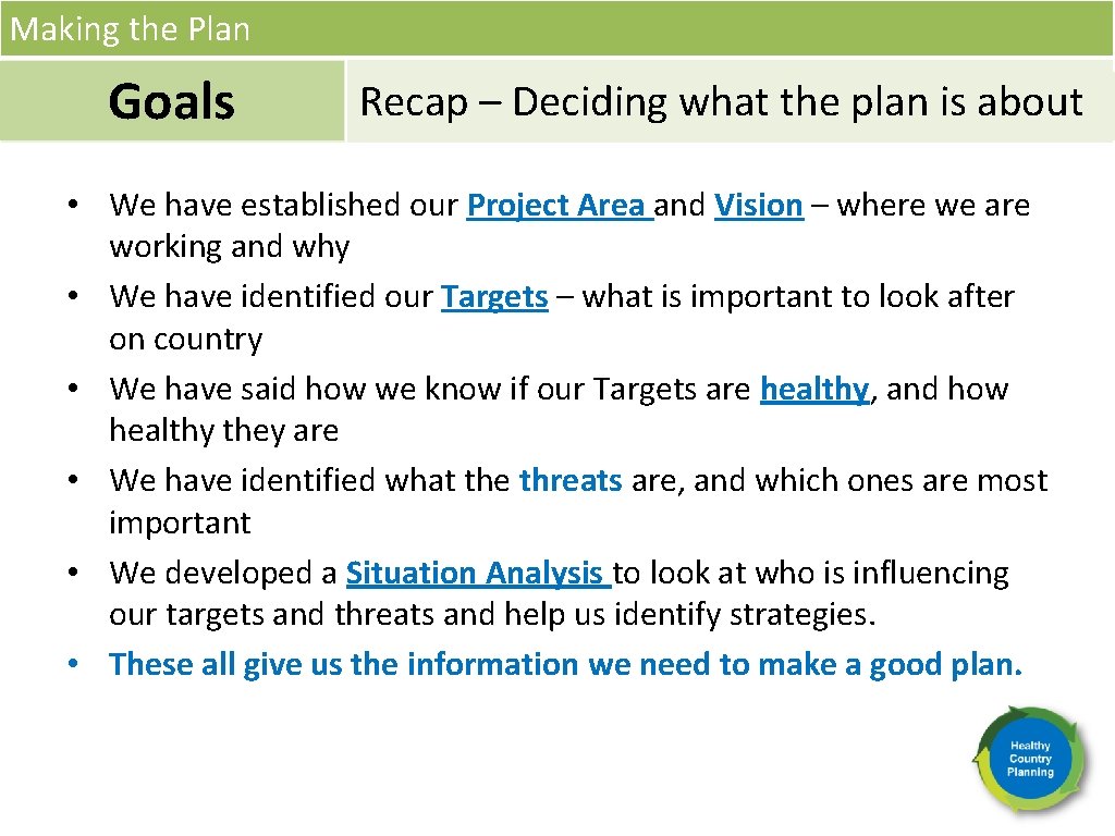 Making the Plan Goals Recap – Deciding what the plan is about • We