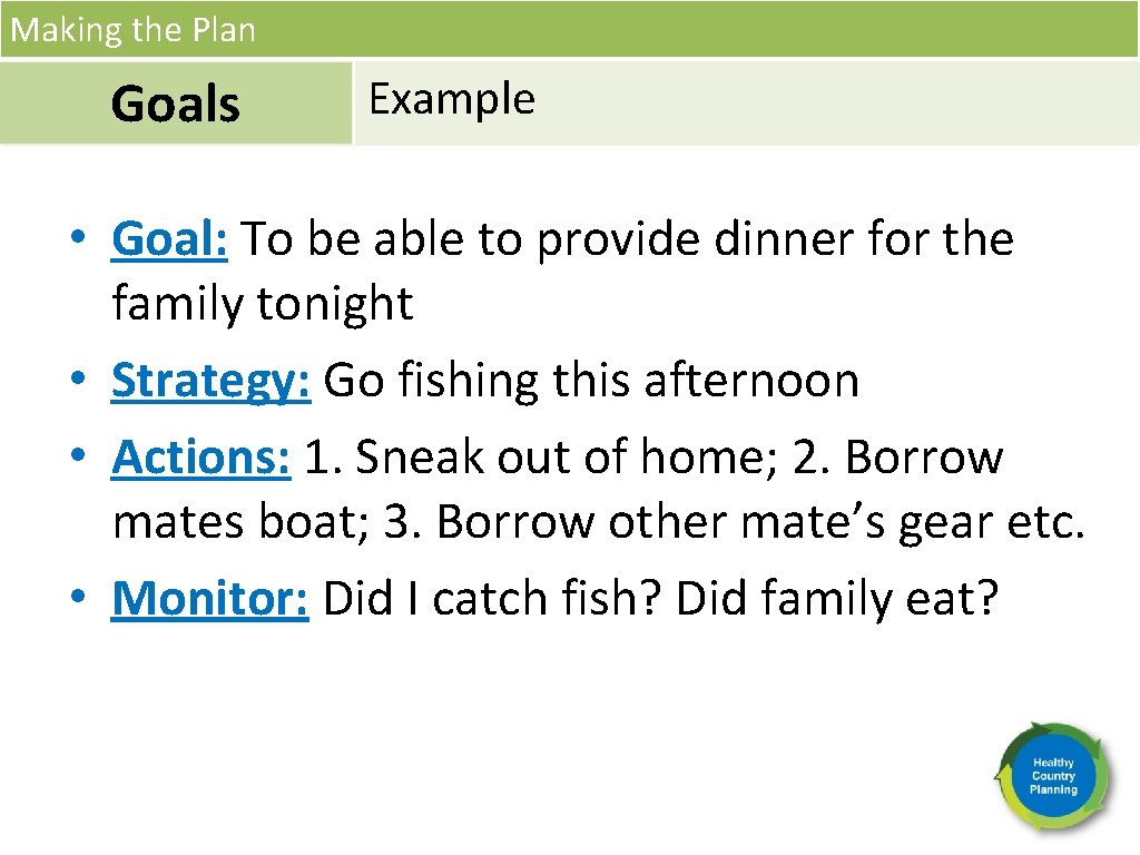 Making the Plan Goals Example • Goal: To be able to provide dinner for