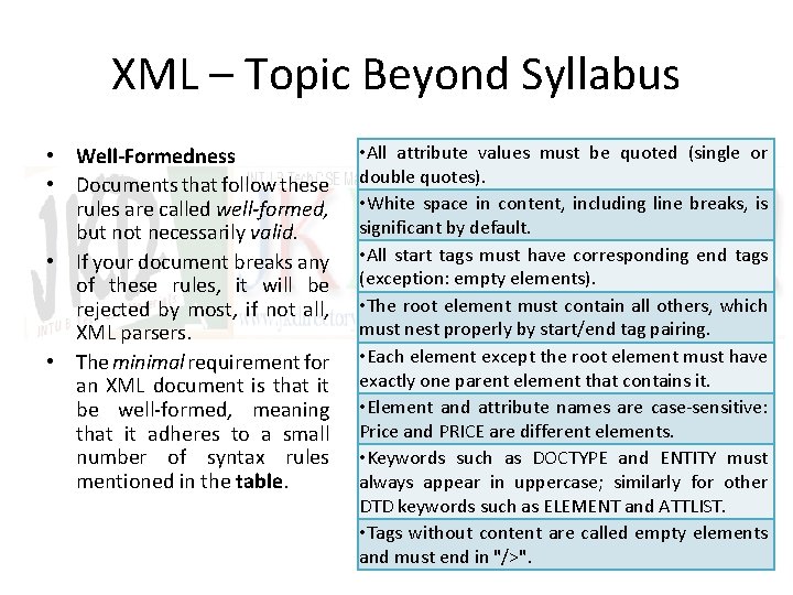 XML – Topic Beyond Syllabus • Well-Formedness • Documents that follow these rules are