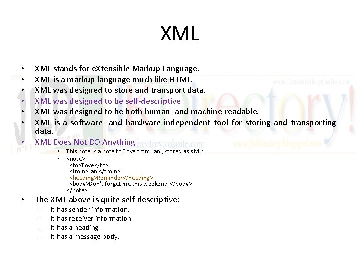 XML • • XML stands for e. Xtensible Markup Language. XML is a markup
