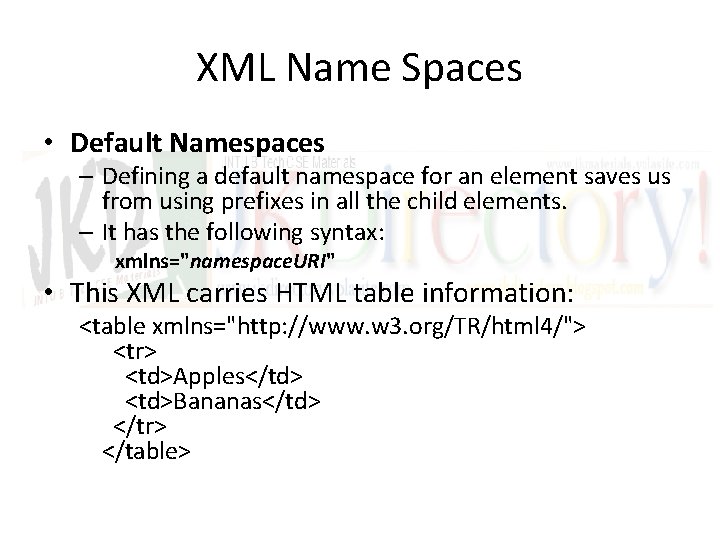 XML Name Spaces • Default Namespaces – Defining a default namespace for an element