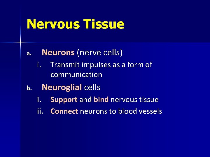 Nervous Tissue Neurons (nerve cells) a. i. b. Transmit impulses as a form of